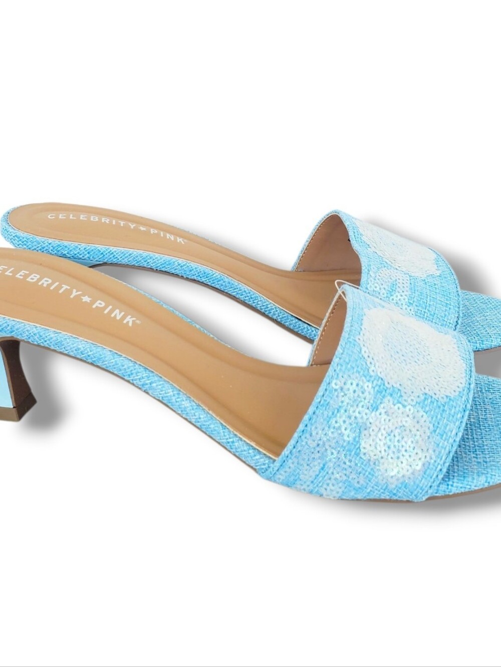 Celebrity Pink Finesse Kitten Heel Sandals Women Blue White Mule Slides Size 11